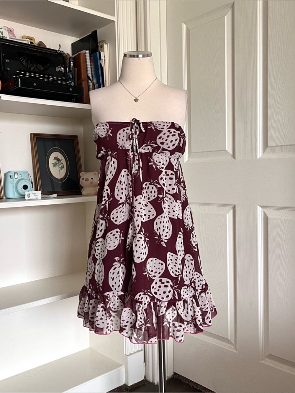 Urban Outfitters Strapless Berry & White Strawberry Print Dress